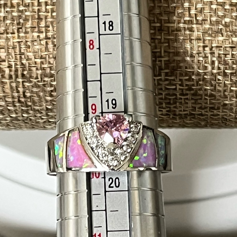TRILLION-CUT SHIMMERY PINK OPAL-ACCENT PRE-LOVED AUTHENTIC BRASS-PLATED RING